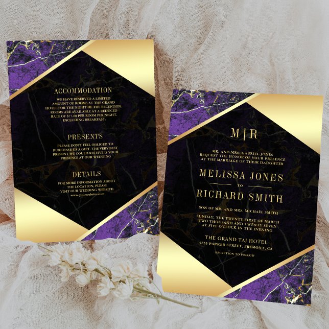 Purple Gold Marble Monogram All in One Wedding Invitation (Creator Uploaded)