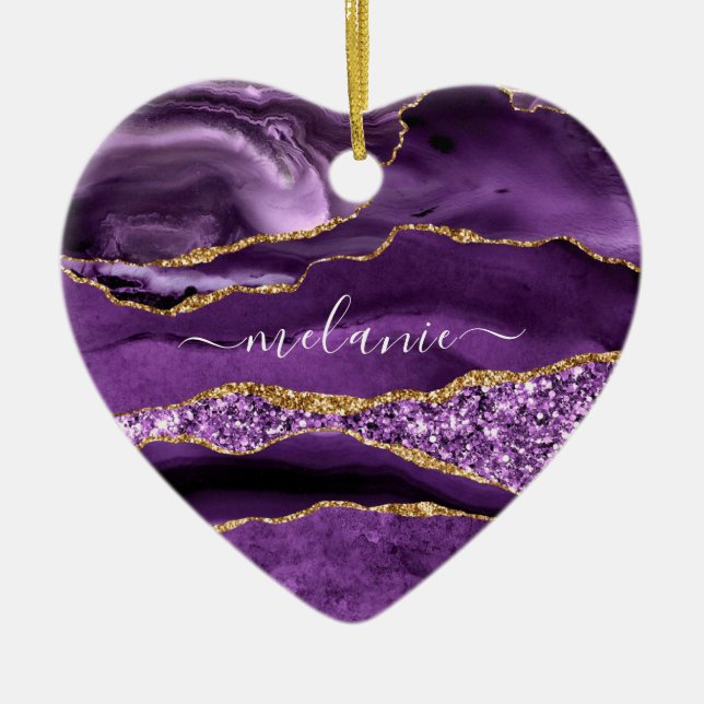 Purple Gold Marble Ornament with Custom Name (Front)