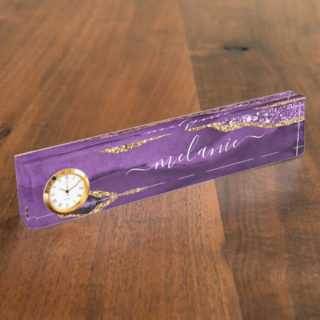 Purple Gold Marble Personalised Desk Name Plate (Side)