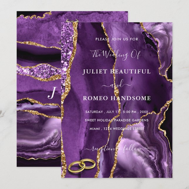 Purple Gold Marble Wedding Invitation with Rings (Front/Back)