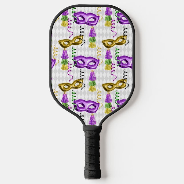 PURPLE & GOLD MARDI GRAS MASKS & TASSELS PICKLEBALL PADDLE (Front)