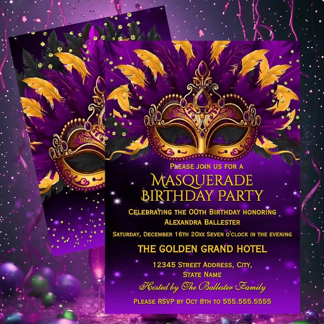 Purple Gold Masks Masquerade Birthday Party Invitation (Creator Uploaded)