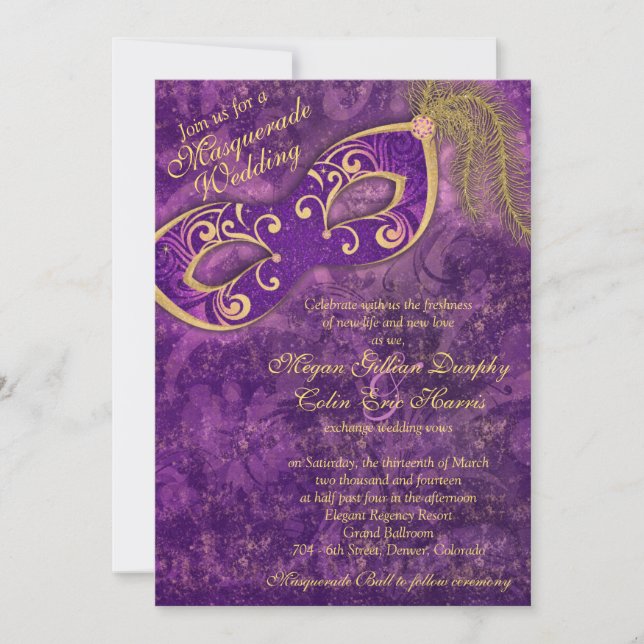 Purple Gold Masquerade Ball Mardi Gras Wedding Invitation (Front)