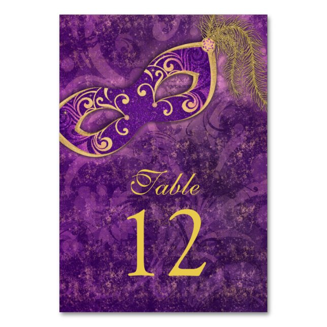 Purple Gold Masquerade Ball Mardi Gras Wedding Table Number (Front)
