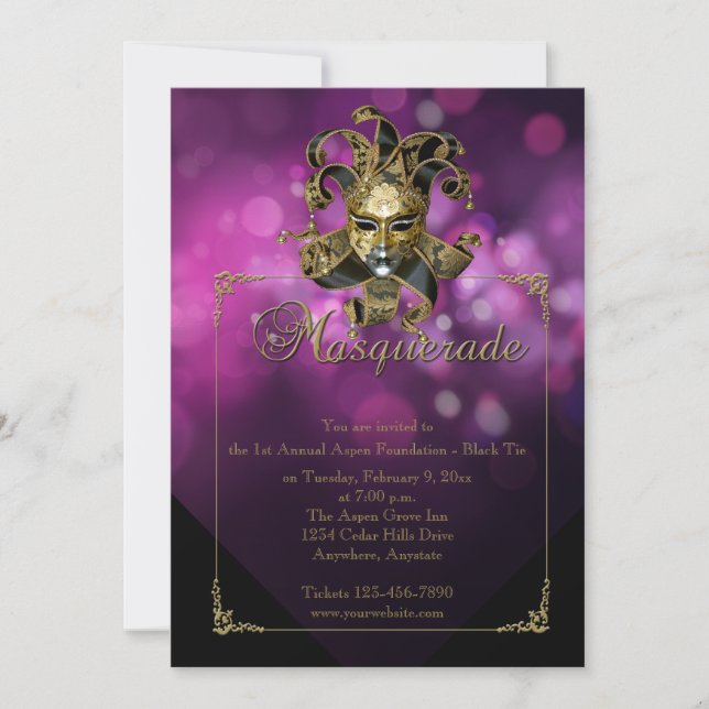 Purple Gold Masquerade Mardi Gras Ball Invitation (Front)