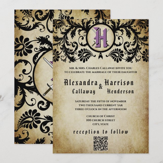 Purple & Gold Mediaeval Middle Ages Damask Wedding Invitation (Front/Back)