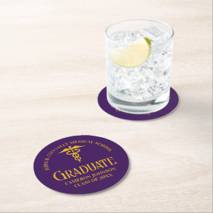 Purple Gold Medical School Graduation Party Round Paper Coaster