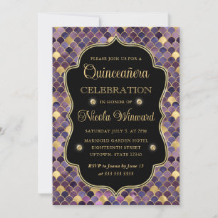 Purple Gold Mermaid Scale Frame Quinceanera Invitation