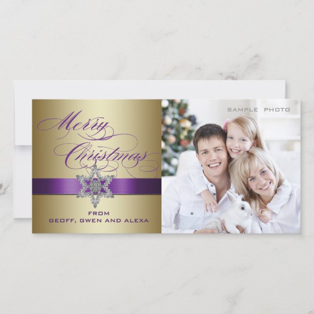 Purple Gold Merry Christmas Greeting Photo Card (Front)