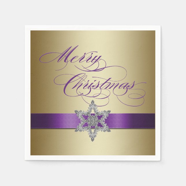 Purple Gold Merry Christmas Snowflake Napkins (Front)