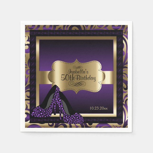 Purple & Gold Metallic - 50th Birthday  | DIY Text Napkin (Front)