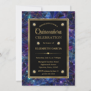 Purple & Gold Midnight Crystal Galaxy Quinceanera Invitation