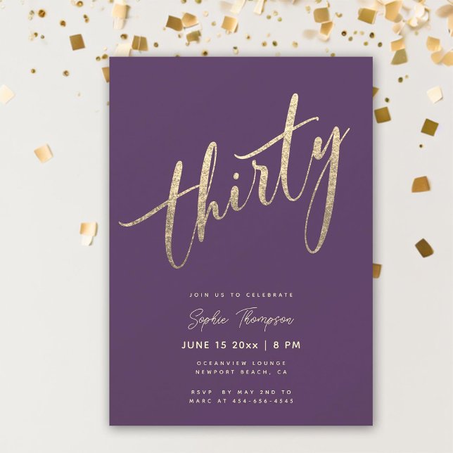 Purple Gold Minimalist Glam Elegant 30th Birthday Invitation (purple gold calligraphy 30th birthday invitation for women elegant minimalist classy simple modern)