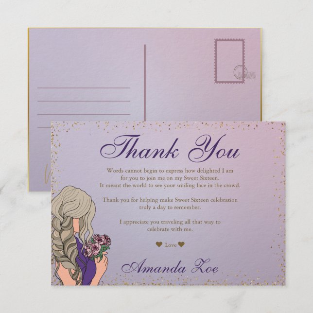 Purple Gold Mis Quince Thank you Note Save The Date (Front/Back)