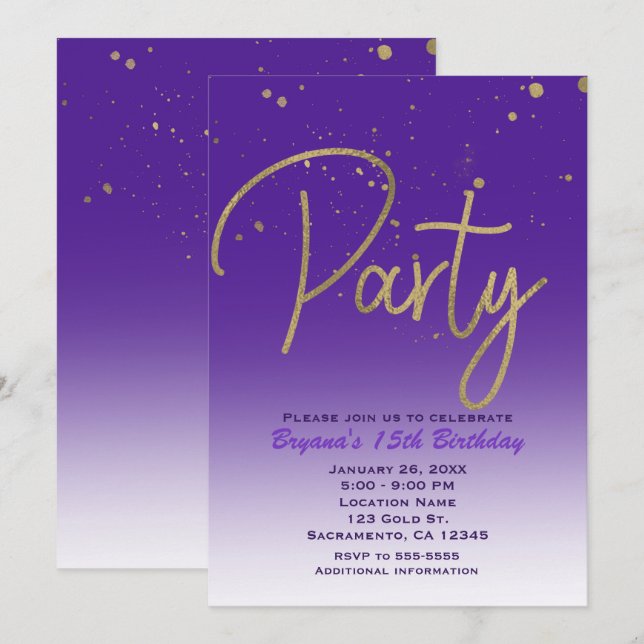 Purple & Gold Modern Glam Birthday Party Chic Invitation (Front/Back)