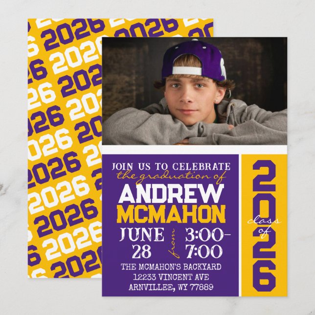 Purple & Gold Modern Graduation Photo Invitation (Front/Back)