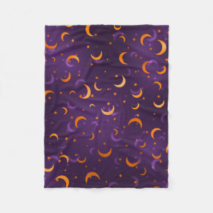 Purple & Gold Moon with Stars Celestial Halloween Fleece Blanket