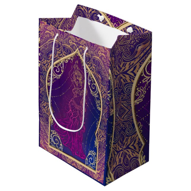 Purple & Gold Moroccan Arabian Belly Dancing Party Medium Gift Bag (Front Angled)