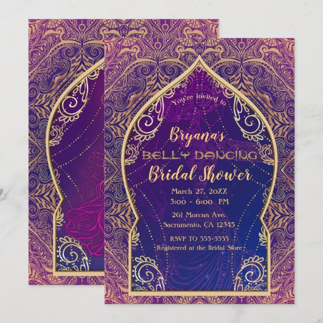 Purple Gold Moroccan Belly Dancing Bridal Shower Invitation (Front/Back)