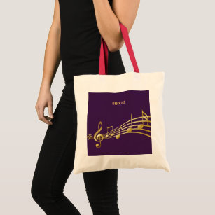 Purple gold music notes name monogram tote bag