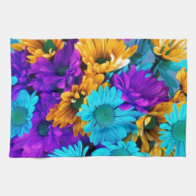 Purple Gold N Turquoise Daisies Tea Towel (Horizontal)