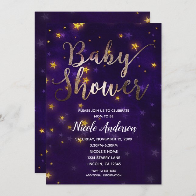 Purple & Gold Night Under The Stars Baby Shower Invitation (Front/Back)