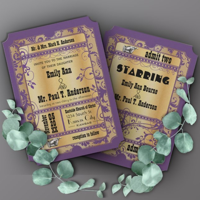 Purple Gold Old Hollywood Vintage Ticket Wedding Invitation (Creator Uploaded)
