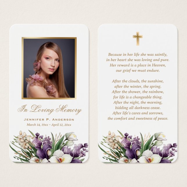 Purple Gold Orchid Funeral Memorial Prayer Cards (Front & Back)
