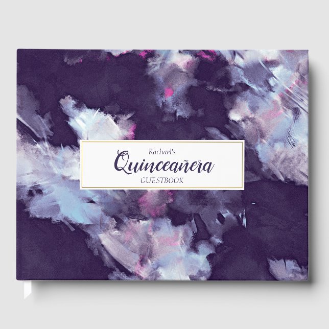 Purple & Gold Painted Abstract Quinceanera Guest Book (Front)