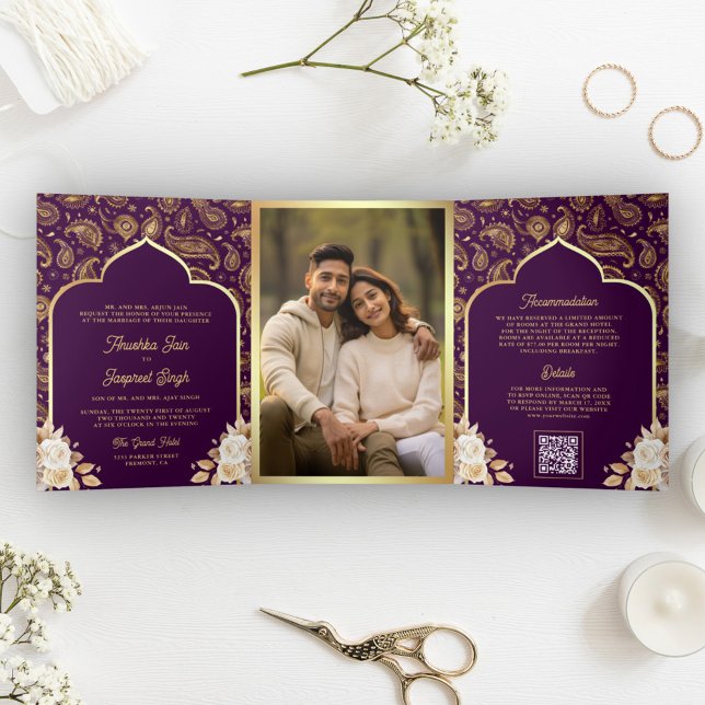 Purple Gold Paisley Floral QR Code Indian Wedding Tri-Fold Invitation (Creator Uploaded)