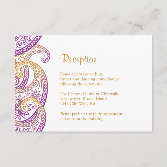 Purple & Gold Paisley Reception, Indian Wedding Enclosure Card (Front)