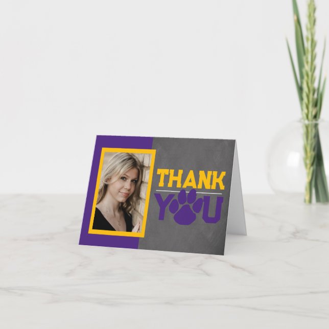 Purple & Gold Paw Print Graduation Folding 2 Photo Thank You Card (Front)
