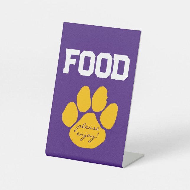Purple & Gold Pawprint Food Table Graduation Pedestal Sign (Front)