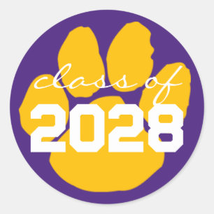 Purple & Gold Pawprint Graduation Round Stickers