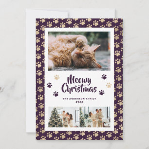 Purple Gold Paws Photo Meowy Christmas Card