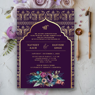 Purple Gold Peacock Anand Karaj Sikh Wedding Invitation