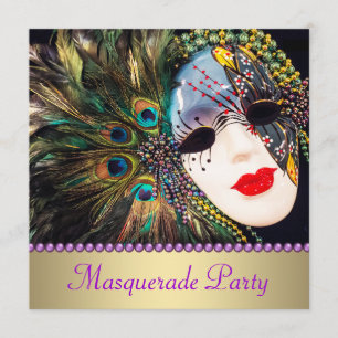 Purple Gold Peacock Feather Mask Masquerade Party Invitation