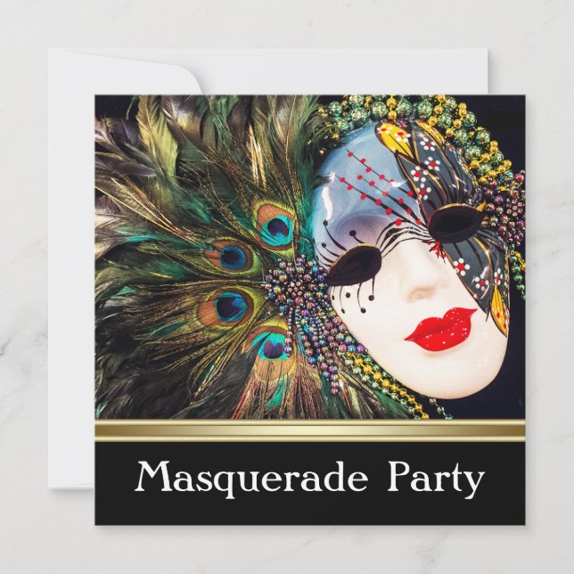 Purple Gold Peacock Feather Mask Masquerade Party Invitation (Front)