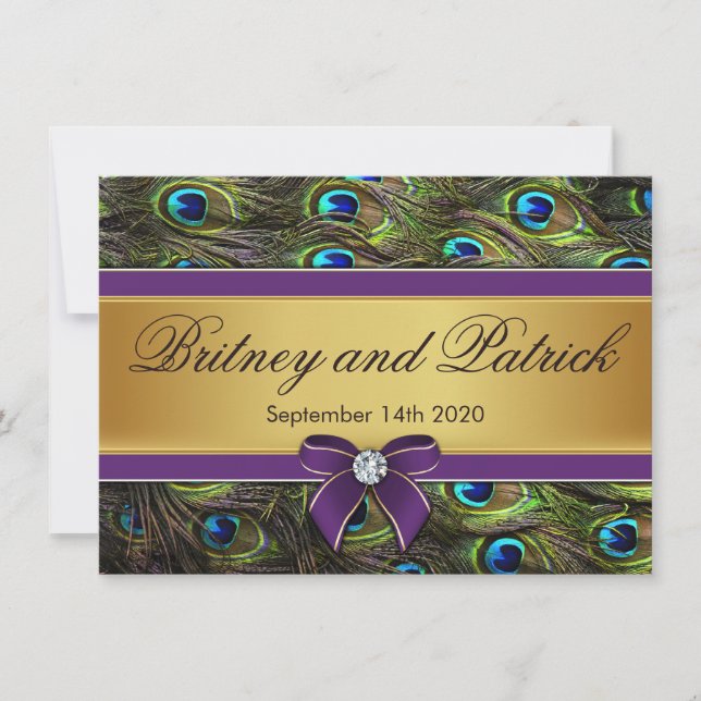 Purple & Gold Peacock Feather Wedding Invitations (Front)
