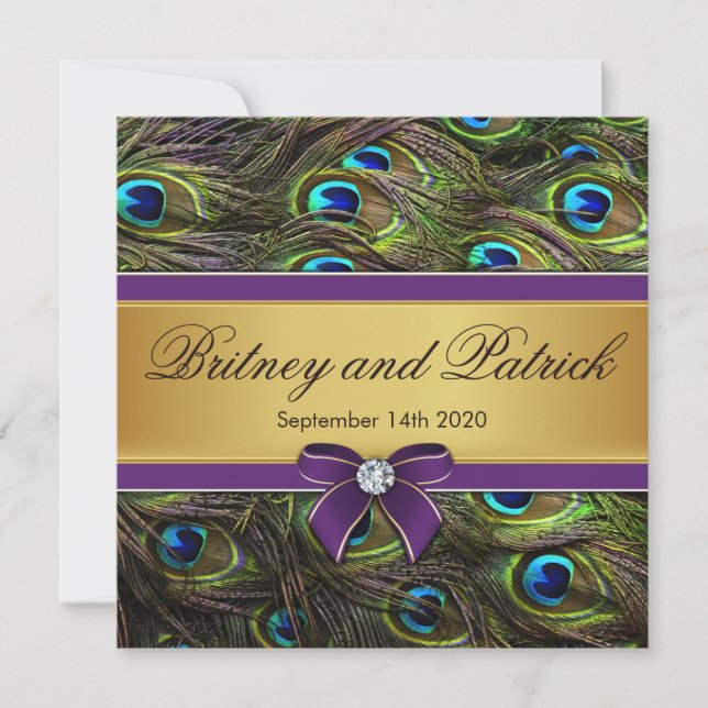 Purple & Gold Peacock Feather Wedding Invitations (Front)
