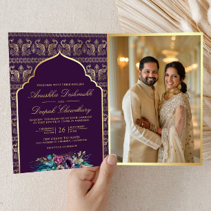 Purple Gold Peacock Pattern Floral Indian Wedding Invitation