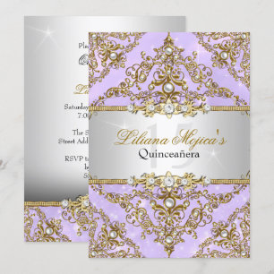 Purple & Gold Pearl Damask Quinceanera Invite