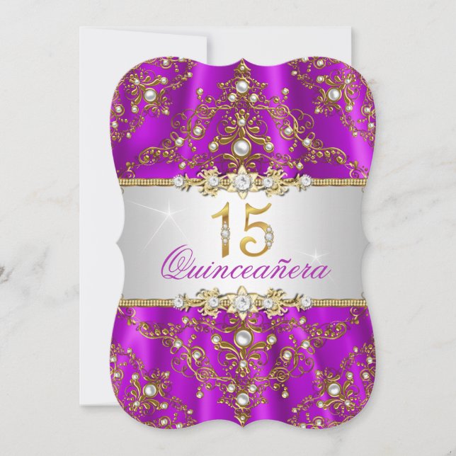 Purple Gold Pearl Damask Quinceanera Invite (Front)