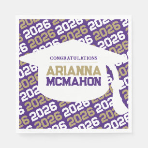 Purple & Gold Personalised Graduation Cap Paper Napkin