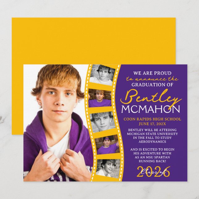 Purple & Gold Photo Filmstrip Grad Announcement (Front/Back)