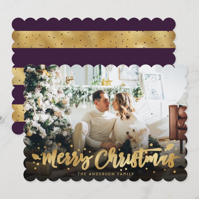 Purple Gold Photo Merry Christmas Card (Front/Back)