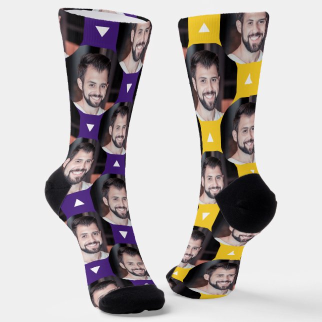 Purple Gold Photo of Boyfriend for Girlfriend Fun Socks (Angled)