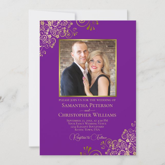 Purple & Gold Photo & QR Code Fancy Wedding Invitation (Front)
