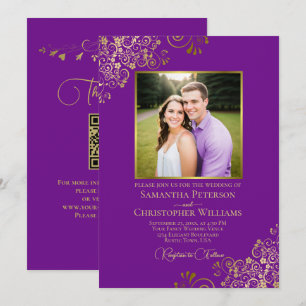 Purple & Gold Photo & QR Code Fancy Wedding Invitation