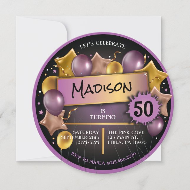 Purple GOLD PINK Balloons 50th 60th Birthday Invitation (Front)
